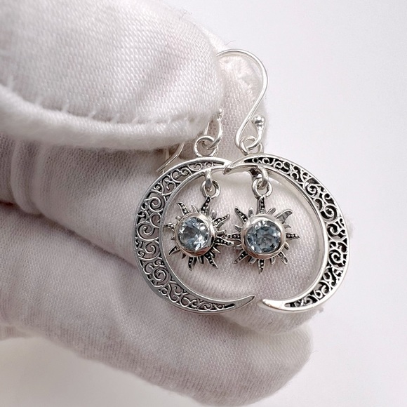 Genuine Blue Topaz .925 Sterling Silver Moon and Sun Earrings - Picture 3 of 14